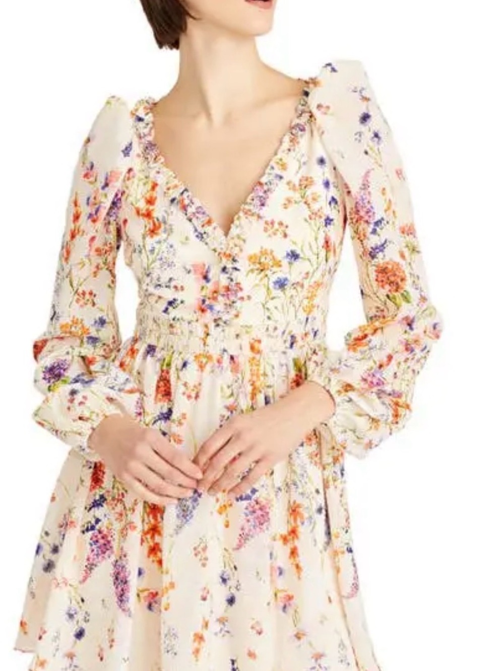 Monique Lhuillier Cream Floral V-Neck Smocked Midi Dress